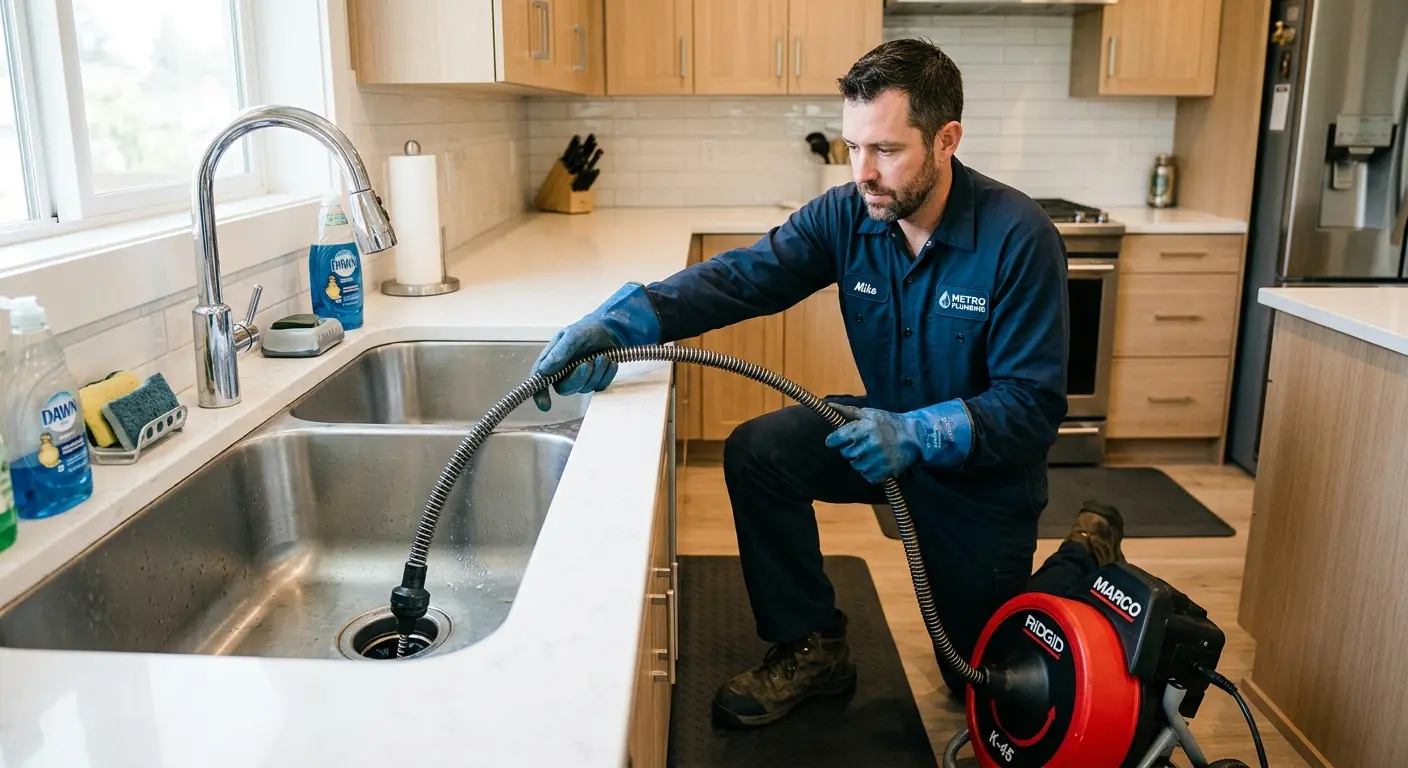 Drain cleaning technician using a motorized snake on a kitchen sink in Arden-Arcade