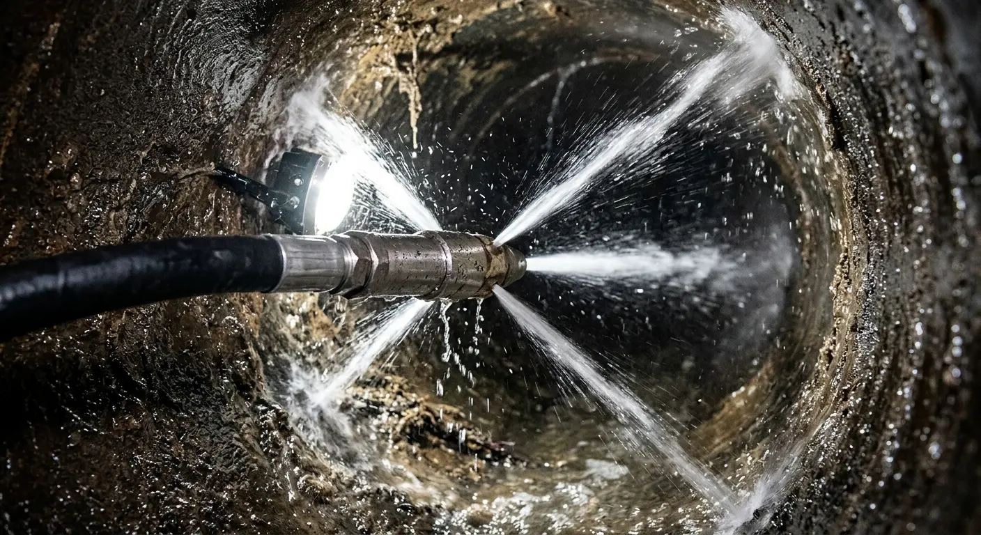 High-pressure hydro jetting nozzle cleaning sewer pipe for Sewer Cleanout in Arden-Arcade