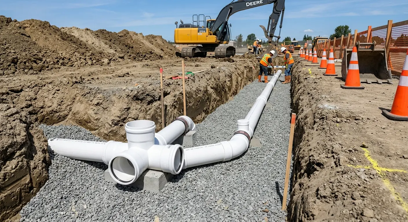 New PVC sewer pipe installation in open trench for Commercial Drain Cleaning in Arden-Arcade