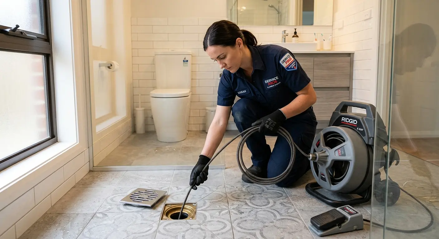 Technician clearing a bathroom floor drain for Drain Cleaning in Arden-Arcade